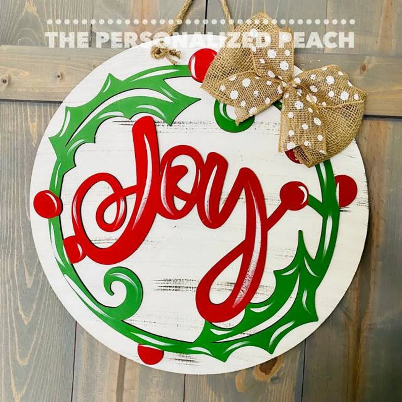Christmas Joy with Holly & Burlap Accent/laser Cut /Christmas Door Han –  The Personalized Peach
