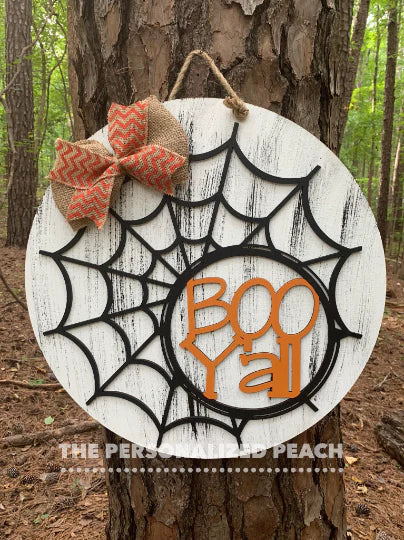 Spider web “boo y’all” white wooden door hanger porch decor with burlap ribbon