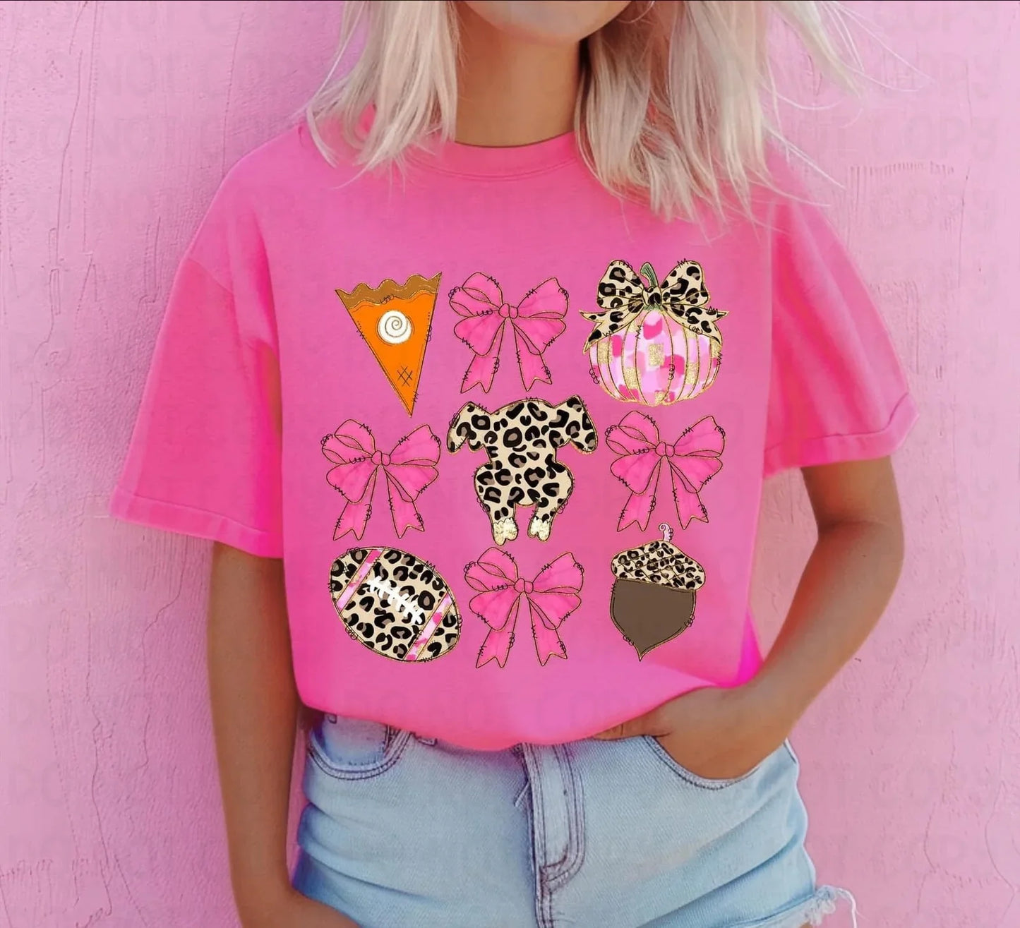 Pink Brushstroke pumpkin with leopard bow Tee