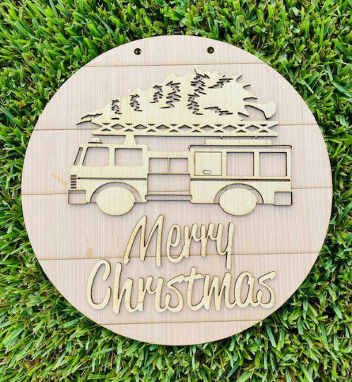 Merry Christmas Fire Engine Blank Door Hanger