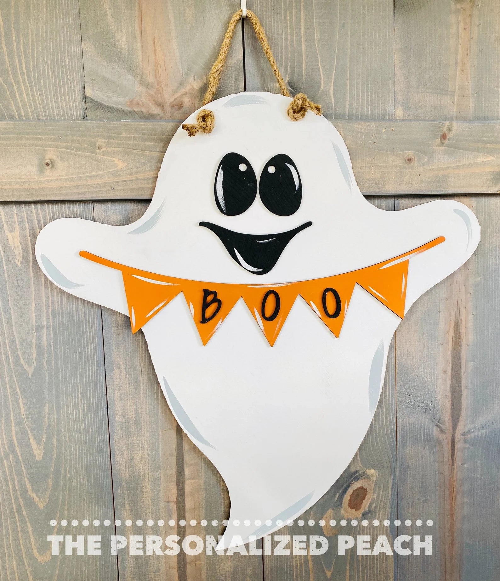 Ghost with Boo Banner: Door Hanger Blank ghost is painted white and holding an orange banner
