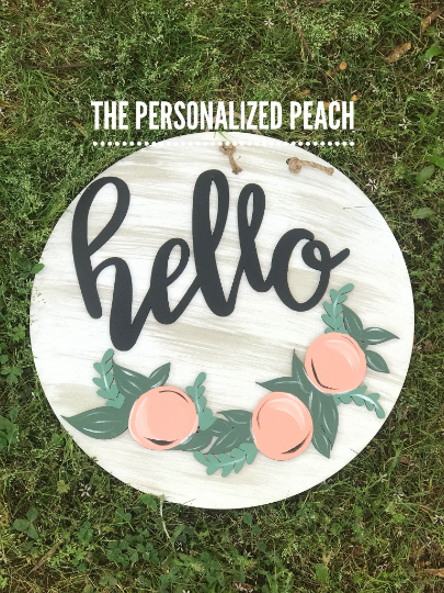 Round Hello with Peaches Wall Decor/Door Hanger