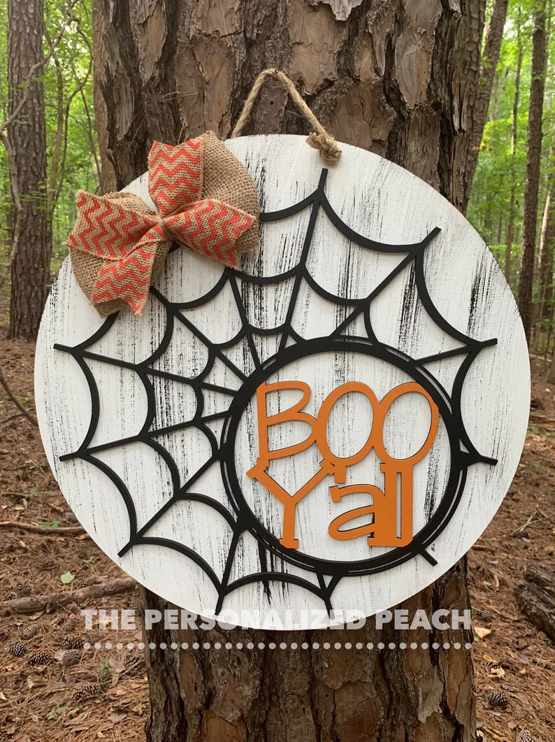Boo Y'all Spider Web with Burlap accent / Halloween Door Hanger/ Laser Cut