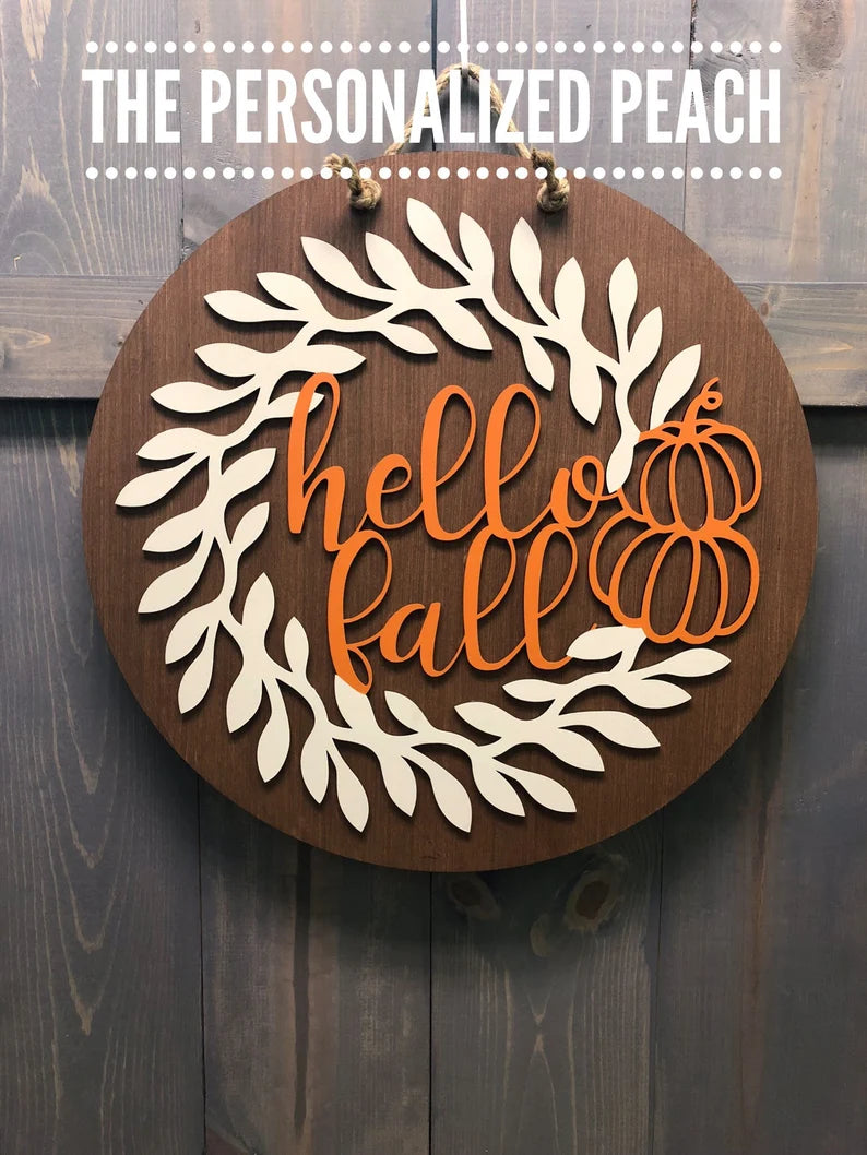 Round Hello Fall Door Hanger/ With Pumpkin and Vine Accent