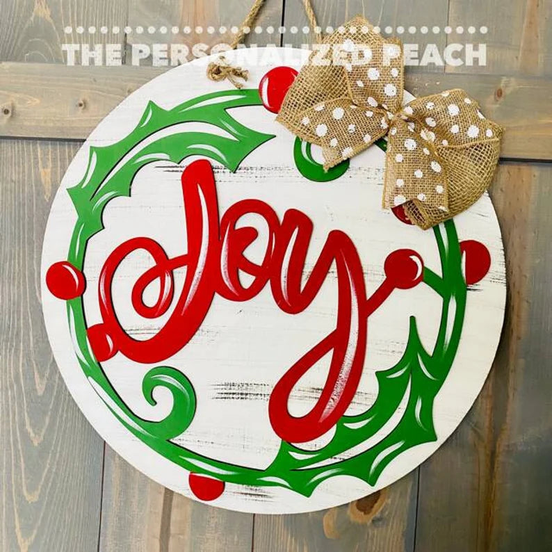 Christmas Joy with Holly & Burlap Accent/laser Cut /Christmas Door Hanger/Holiday Christmas Decoration
