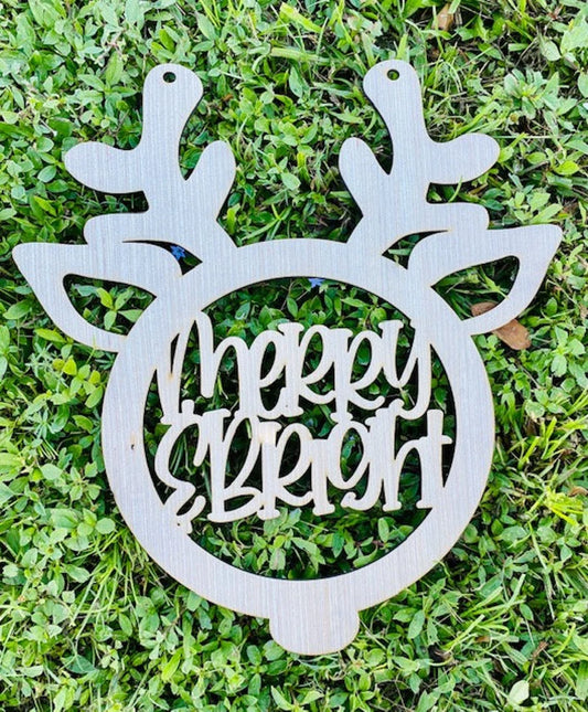 DIY/ Merry & Bright Reindeer/ Front Door Hanger/ Laser Cut/ Blank for Paint Parties