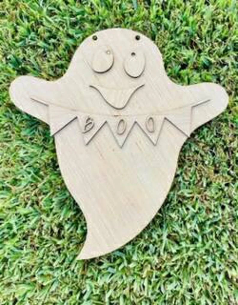 DIY/ Ghost with Boo Banner/ laser Cut/ Door Hanger Blank / Halloween Door Hanger