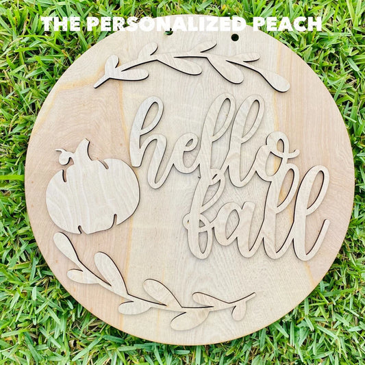 Hello Fall Unfinished door Hanger Blank with pumpkin