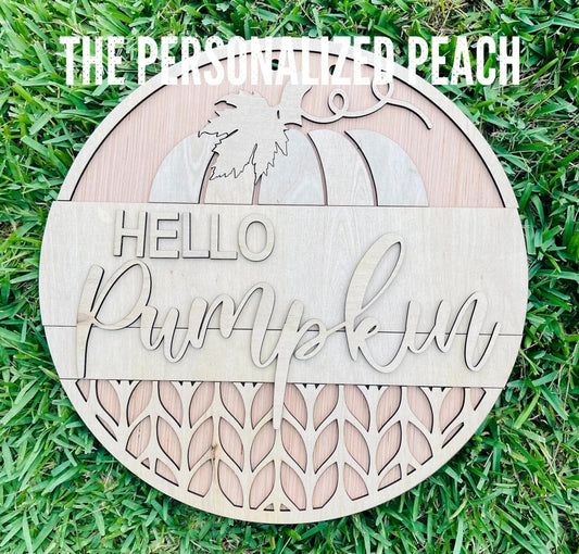 Hello Pumpkin Fall Sweater Door hanger blank/ Wood round/ Rustic Farmhouse Door hanger template
