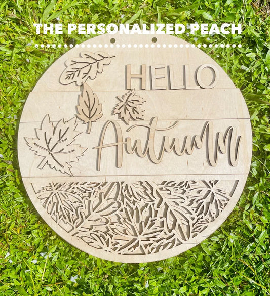 Hello Autumn Leaves Laser Cut Door Hanger blank/ doorhanger template