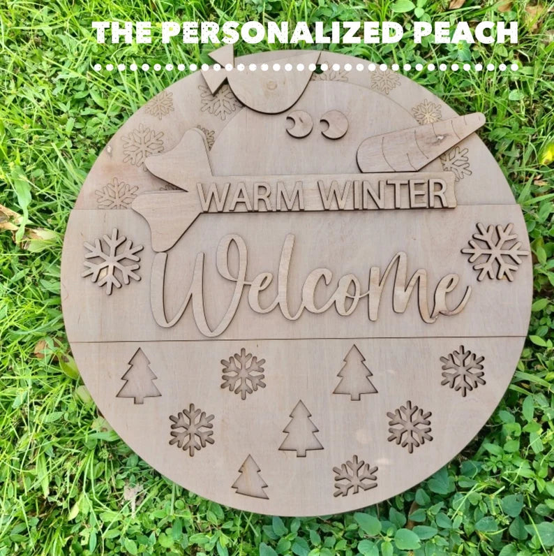 Warm Winter Welcome Door Hanger/ Laser Cut/ Wood Round Door Hanger Greeting