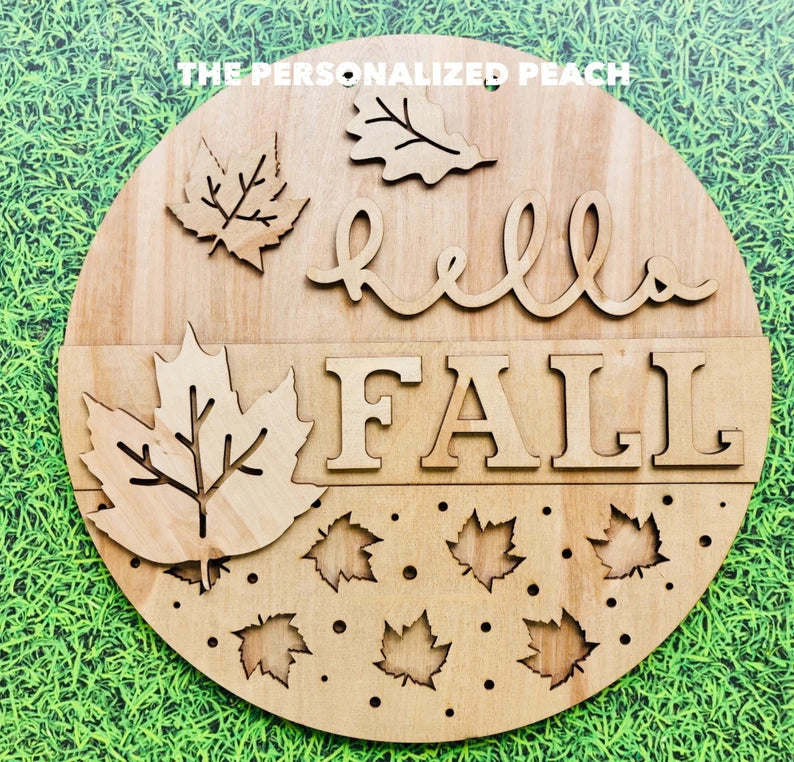 Hello Fall leaves laser cut door hanger/ wood round doorhanger