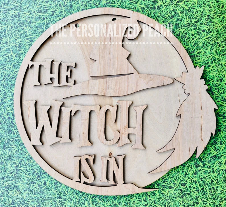 The Witch is in laser cut Halloween door hanger/ fall broom