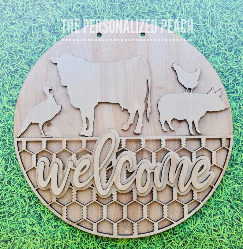 Welcome Farm animals laser cut wood blank Doorhanger/ cow chicken pig farm door hanger template