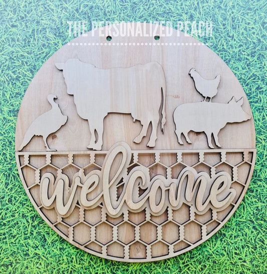 Welcome Farm animals laser cut wood blank Doorhanger/ cow chicken pig farm door hanger template