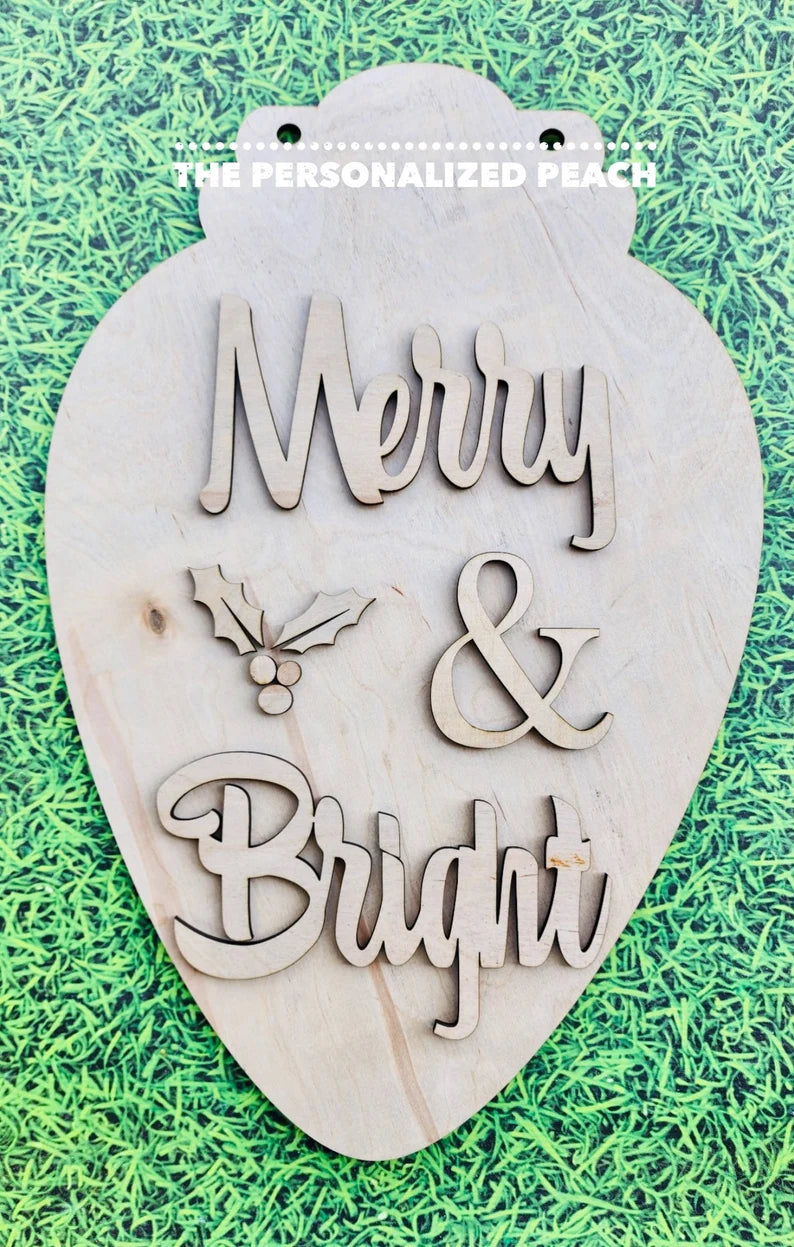 Merry & Bright Christmas Ornament laser cut Doorhanger hanger/ door hanger blank template DIY