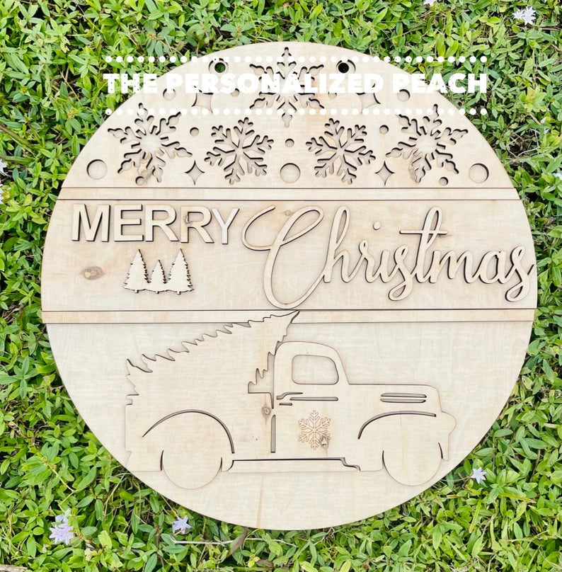 Merry Christmas vintage truck laser cut wood door hanger blank/ winter doorhanger