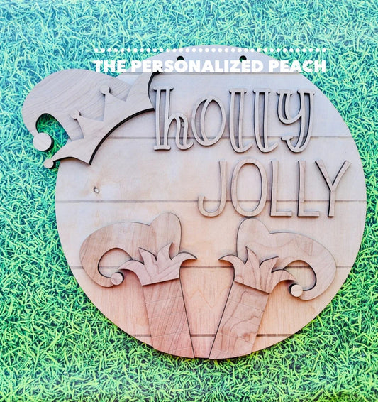 Elf Holly Jolly laser cut door hanger blank