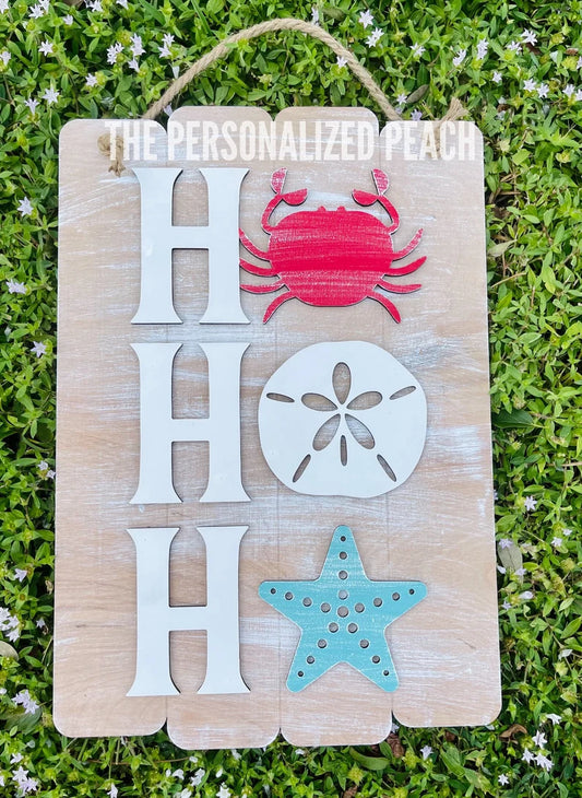 Ho Ho Ho laser cut Doorhanger/Coastal Beach Christmas door hanger/ crab seashell sanddollar starfish