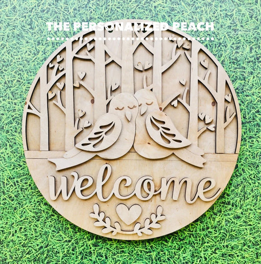 Love Birds welcome laser cut 3D wood door hanger blank/ wood round Doorhanger