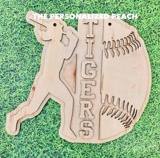 Softball laser cut Doorhanger/ wood round sports mascot team name
