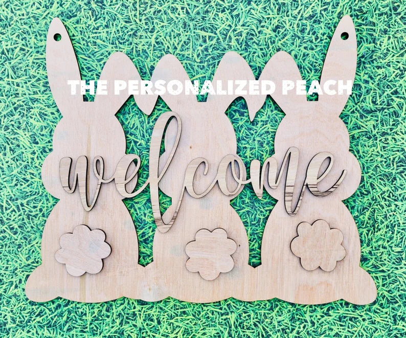 Triple Bunny welcome door hanger blank wood shape/ sitting bunny trio wood Doorhanger round DIY
