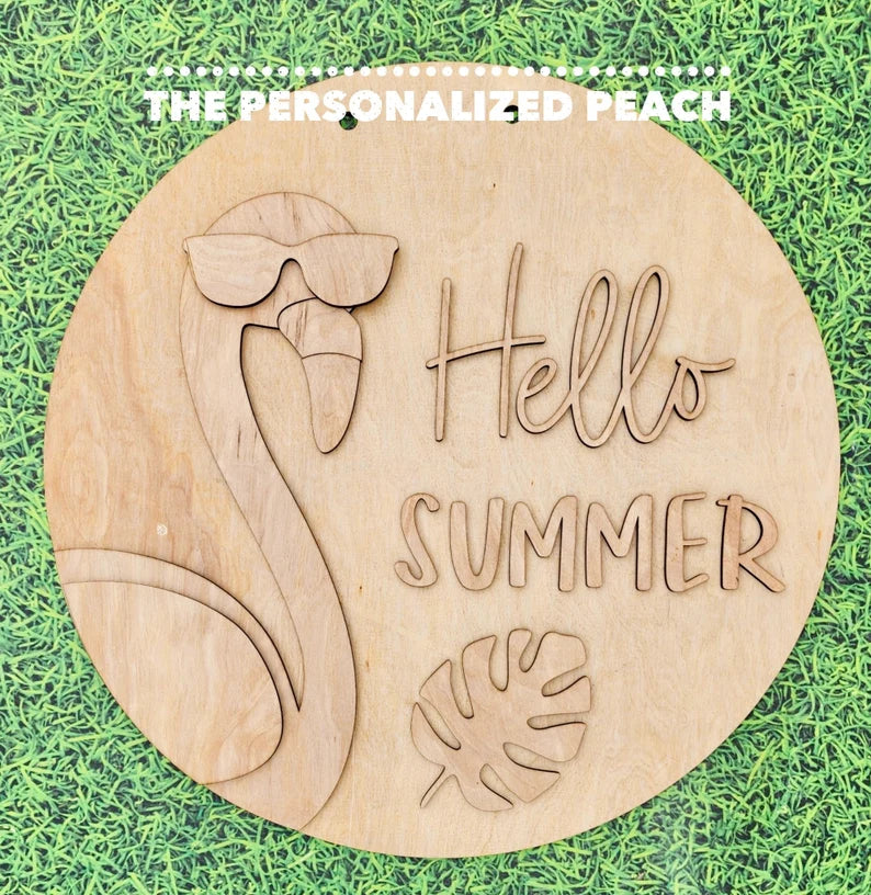 Hello Summer Flamingo 3D laser cut wood Doorhanger/ wood round blank monstera