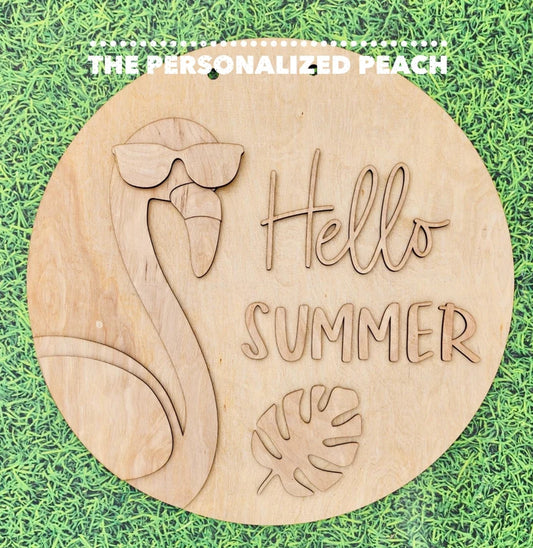 Hello Summer Flamingo 3D laser cut wood Doorhanger/ wood round blank monstera