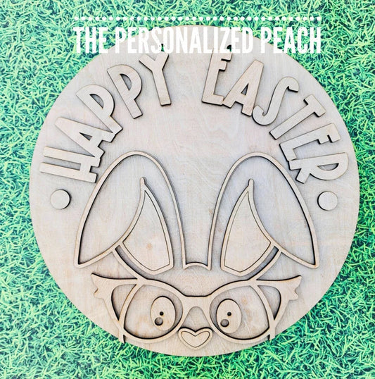 Happy Easter cute bunny with glasses laser cut Doorhanger/ wood round door hanger shape spring