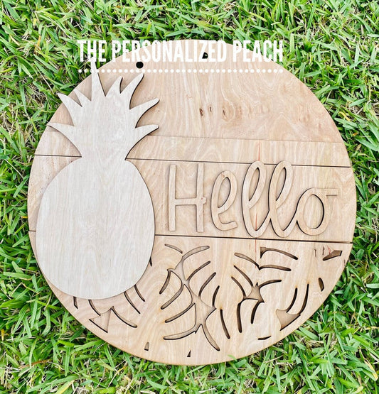 Hello Pineapple Round: blank door hanger with tropical leaves added
