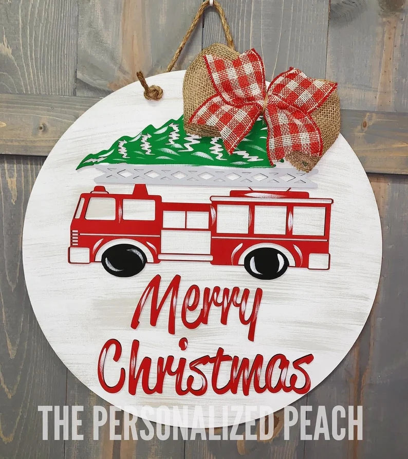 Merry Christmas Fire Engine Blank Door Hanger