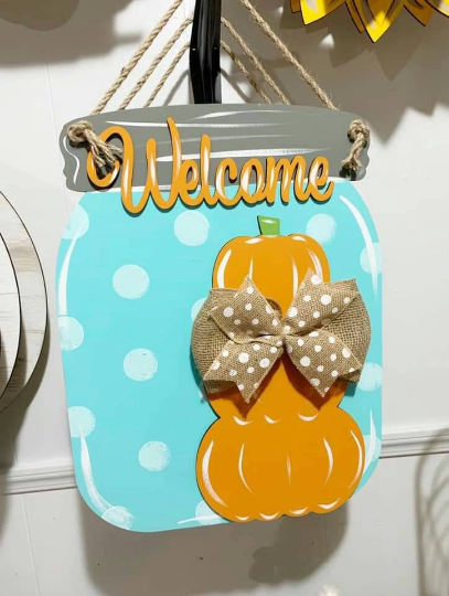 Welcome Pumpkin Stack Mason Jar/ burlap accent/ fall decor / pumpkin door hanger / Laser Cut/ pumpkins/