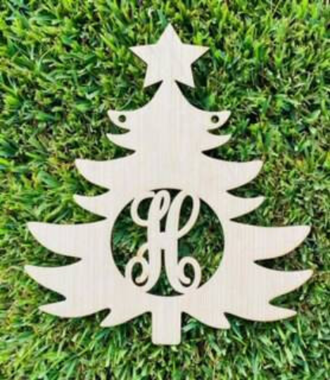 blank wooden Christmas tree door hanger with the letter H cut from the center. blank for door hanger