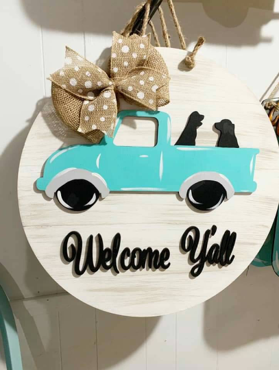 Welcome Yall Vintage Truck with Dogs/ Burlap Accent/ Laser Cut/ Door Hanger
