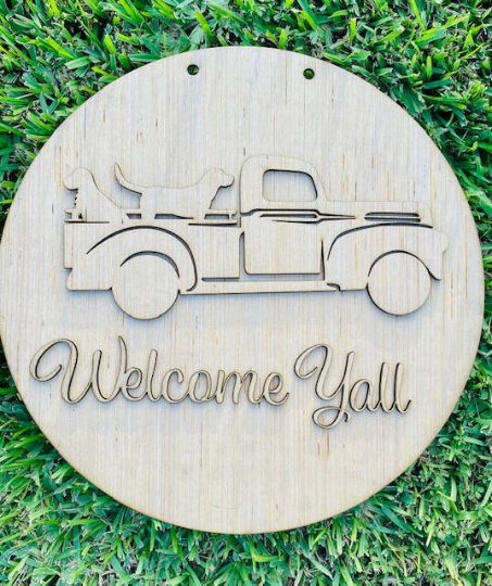 DIY/Welcome Yall Vintage Truck with Dogs/Laser Cut/ Blank Door Hanger
